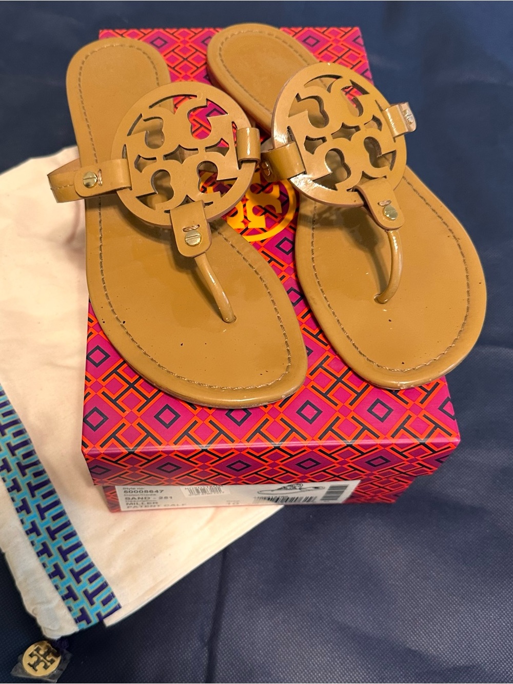 Tory Burch Camel Tan Logo Thong Sandals